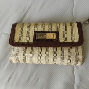Chaps Wristlet, Brown Trim The Beige And Darker Beige Striped Linen Like Fabric